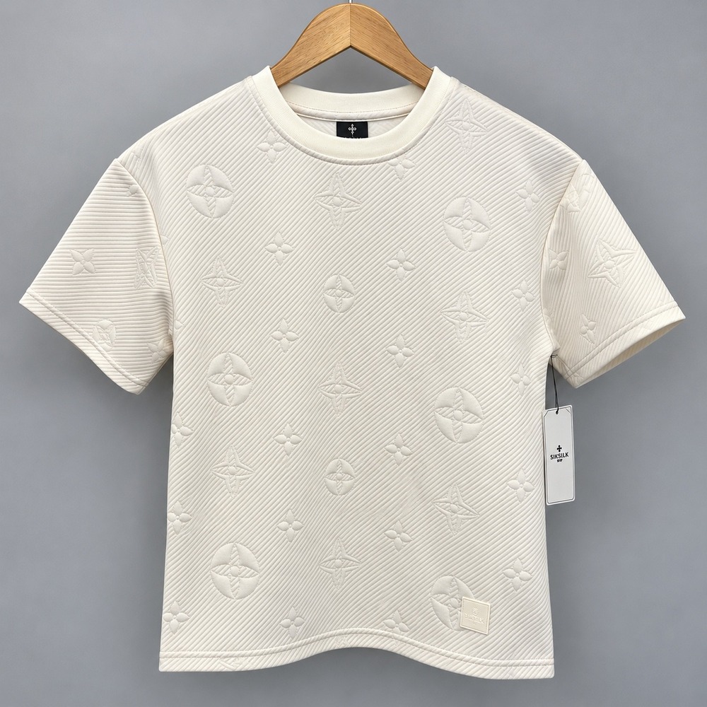Saints Studio Kids Ecru Ribbed Embossed Monogram T-Shirt Size L 14/16 NWT